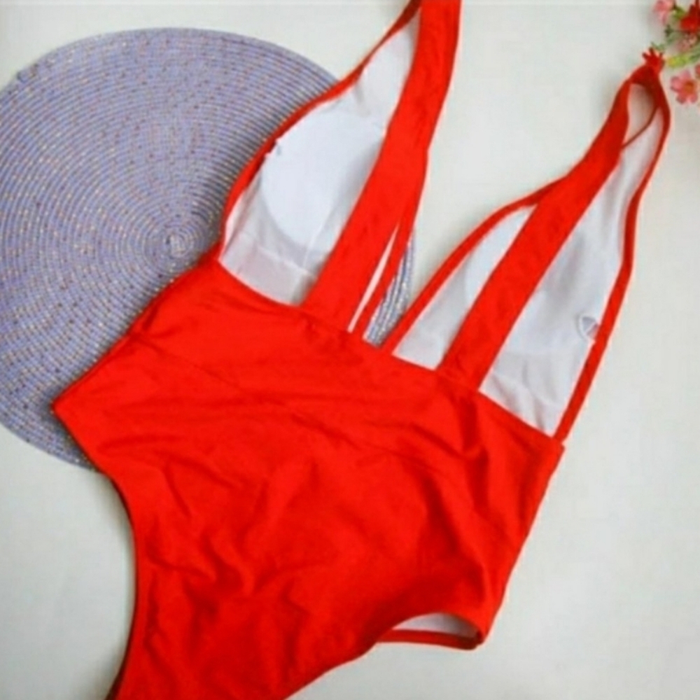 New Red V-neck low Back One Piece Swimsuit Size L - Picture 5 of 7